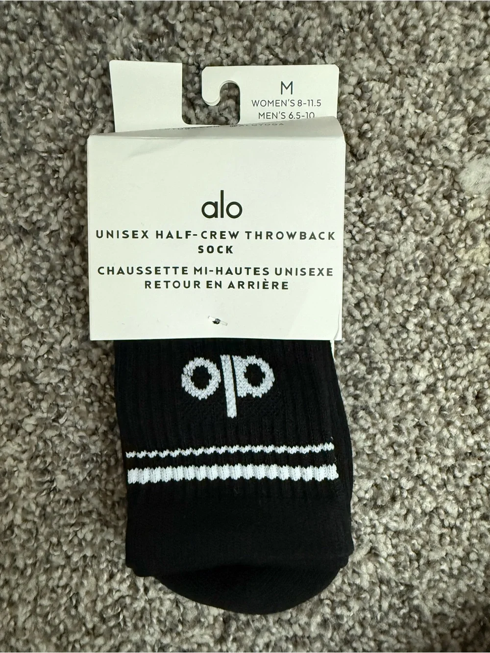 ALO Yoga Black Half-Crew Socks with White Logo & Stripes